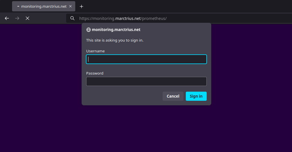 Trying to reach Prometheus in a private tab. The browser is showing a user/password dialog which says: monitoring.marctrius.net This site is asking you to sign in.