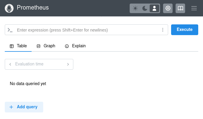 The Prometheus Query tab. There's a text field to enter an expression, an Execute button, an Evaluation time input, and the message 'No data queried yet.' There are also other UI elements.